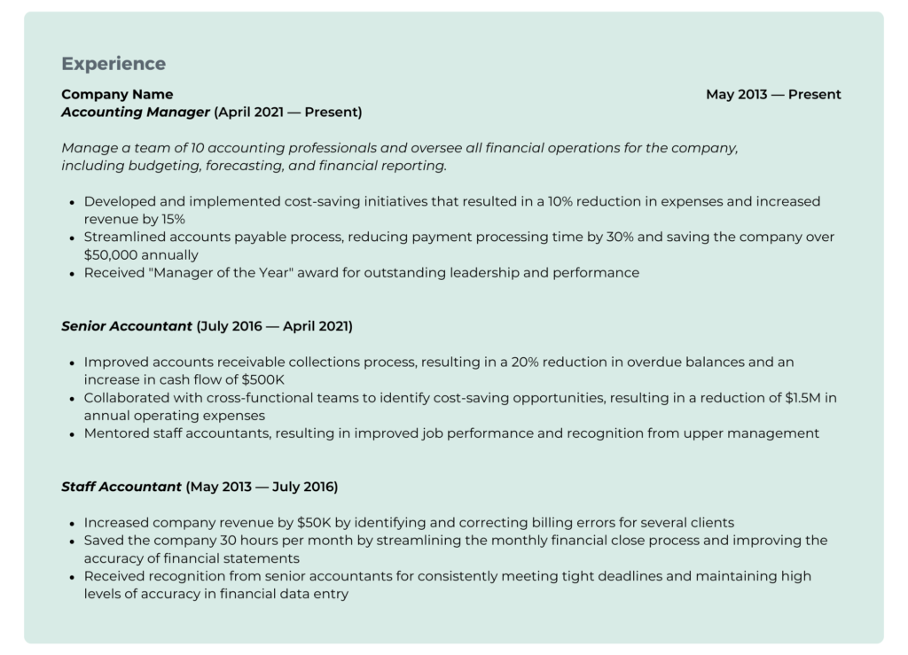 Example of the experience section in a resume