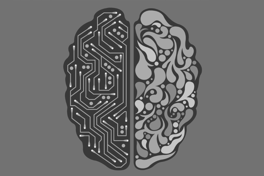 An icon-based image that depicts the right and left sides of brain, thus visually showing market trends 
