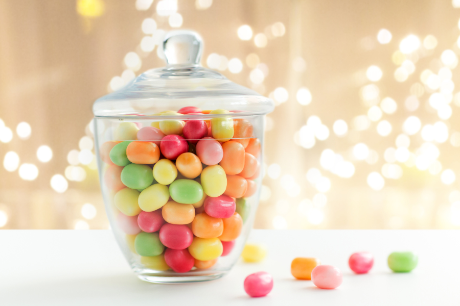 Jar filled with candy.