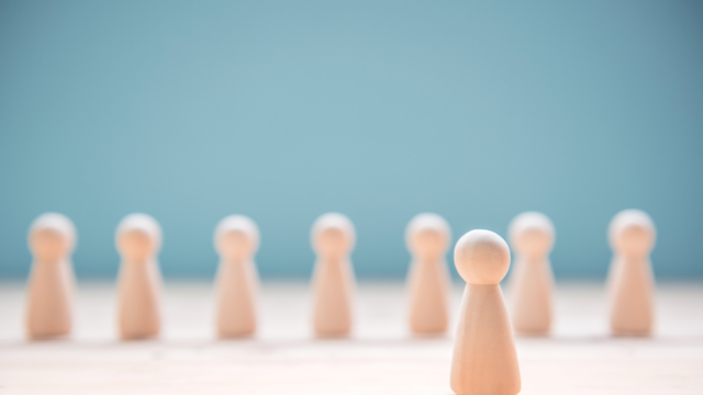 Wooden pieces in a single line with one piece in front. This image is symbolic of a leader leading a team through annual goals.